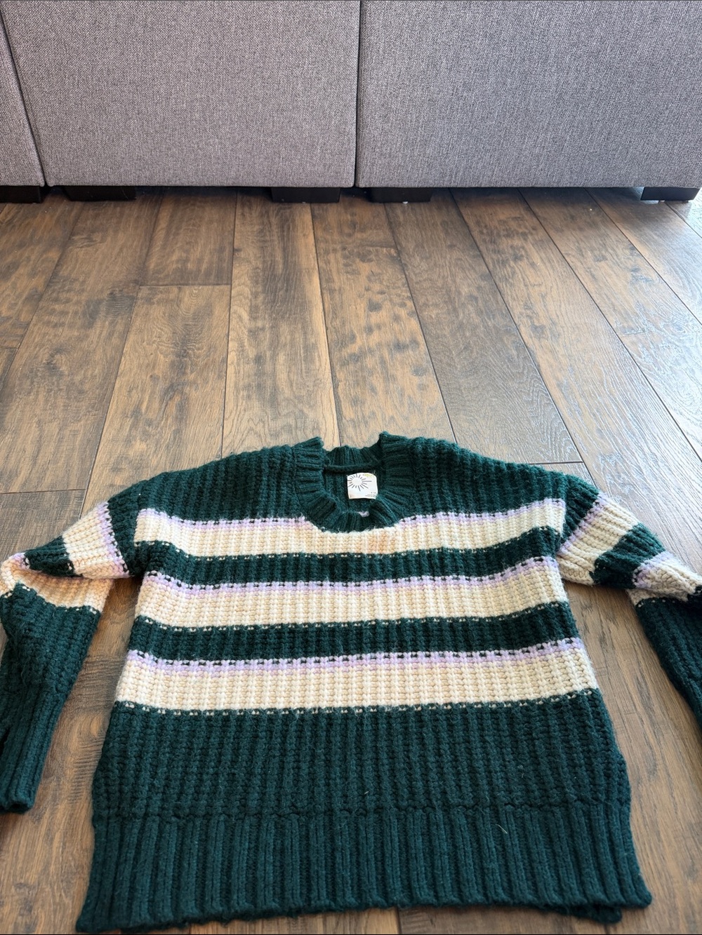 aerie Dark Green Crewneck Sweater with Cream and Lavender Stripes
